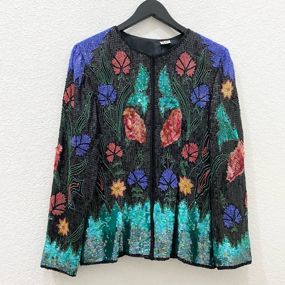 Vintage 80’s 90’s Abstract Floral Print Fully Beaded Sequined Blazer Jacket M - Picture 11 of 16